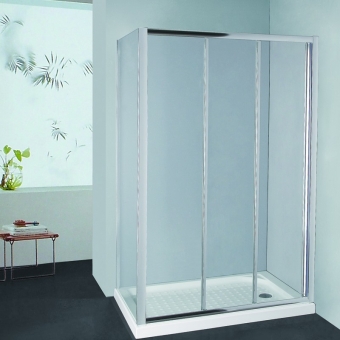 framed tri-sliding door with fixed panel